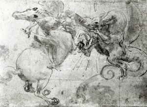 Strid mellan en ryttare och en drake, c.1482 (underritning med penna, penna och pensel på papper) av Leonardo da Vinci