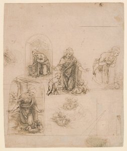 Kompositionsskisser till Jungfrun som tillber Kristusbarnet, med och utan den lille Johannes Döparen; diagram över en perspektivisk projektion (framsida); lätta klotter (baksida) av Leonardo da Vinci