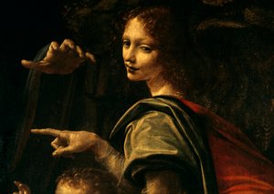 Detalj av Jungfrun med klippor, Johannes Döparen pekande finger och Jungfru Marias hand av Leonardo da Vinci