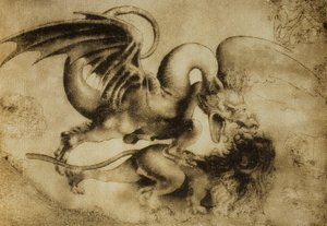 Draken dödar ett lejon, teckning av Leonardo da Vinci. Cabinet of Drawings and Prints, Uffizi Gallery, Florens av Leonardo da Vinci