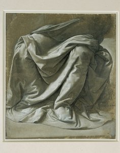 Draperi för en sittande figur, pensel och grå tempera, vita inslag på grå preparerad linneduk ... av Leonardo da Vinci