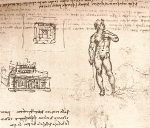 Ritning av planer för ett slott och av en naken figur, tvättad med indiskt bläck, c1472-c1519 1883 av Leonardo da Vinci