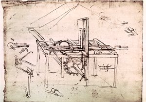Utdrag ur ett Da Vinci-manuskript som beskriver principen för och konstruktionen av en "hydraulisk såg med automatisk framdrivning" (manuskript) av Leonardo da Vinci