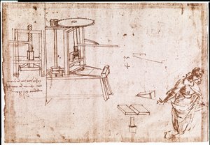 Utdrag ur ett Da Vinci-manuskript som beskriver principen för och konstruktionen av en "pressmaskin" för tryckning (manuskript) av Leonardo da Vinci