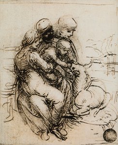 Första idén för Madonnan och Child och Saint Ann; teckning av Leonardo da Vinci. Gallerie dell