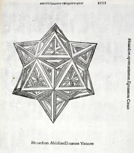 Hexacedron abscissum förhöjt vakuum, illustration från "Divine Proportion" av Luca Pacioli (ca 1445-1517), ursprungligen pub. Venedig, 1509 av Leonardo da Vinci