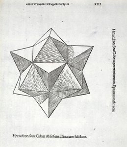 Hexaedron av en avskuren förhöjd solid, illustration från "Divine Proportion" av Luca Pacioli (c.1445-1517), ursprungligen pub. Venedig, 1509 av Leonardo da Vinci