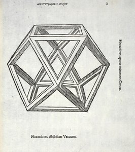Hexaedron Abscissum Vacuum, illustration från "Divine Proportion" av Luca Pacioli (c.1445-1517), ursprungligen pub. Venedig, 1509 av Leonardo da Vinci