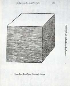 Den solida plana hexaedronen, illustration från "Divine Proportion" av Luca Pacioli (c.1445-1517), ursprungligen pub. Venedig, 1509 av Leonardo da Vinci