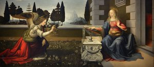 Italien Toscana Florens, Uffizigalleriet: Bebådelsen, målning av Leonardo da Vinci (1452-1519), Olja på trä, ca. 1472-1475, 98x217 cm av Leonardo da Vinci
