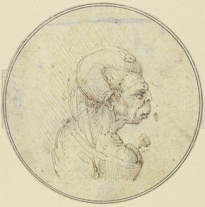 Karikatyr av en äldre kvinna, bröstbild med en ros i bröstet, i profil åt höger av Leonardo da Vinci
