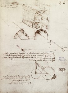 Manuskript B, f 36 r Arkitektstudier, utveckling och delar av byggnader i stad med upphöjda gator (penna & bläck på papper) av Leonardo da Vinci