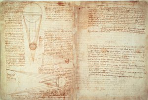 Anteckningar och två diagram som visar förhållandet mellan jorden och månen och solen av Leonardo da Vinci