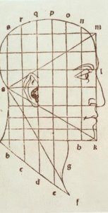 Proportionstudie av det mänskliga huvudet av Leonardo da Vinci