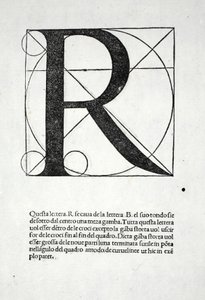 R, illustration från "Divina Proportione" av Luca Pacioli (c.1445-1517), ursprungligen pub. Venedig, 1509 av Leonardo da Vinci
