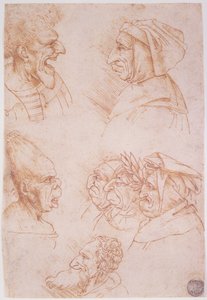 Sju studier av groteska ansikten (röd krita på papper) av Leonardo da Vinci