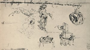 Ark med studier med en ung kvinna, en varg, etc., c1480 1945 av Leonardo da Vinci