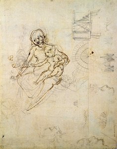 Studies for a Virgin and Child and of Heads in Profile and Machines, c.1478-80 (penna och bläck på papper) av Leonardo da Vinci