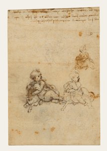 Skisser till ”Kristusbarnet med ett lamm” (framsidan); ”En gammal mans huvud” och ”Skisser till maskiner” (baksidan) av Leonardo da Vinci
