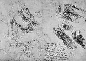 Studier av en gammal man sittande och av virvlande vatten, c1480 1945 av Leonardo da Vinci