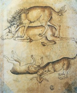 Enhörning attackerar en ko och leopard attackerar ett får, studie av djur, av Leonardo da Vinci (1452-1519), teckning av Leonardo da Vinci