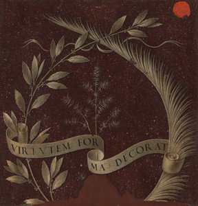 Krans av lager, palm och enbär med en rulla inskriven Virtutem Forma Decorat [omvänd], ca. 147 av Leonardo da Vinci