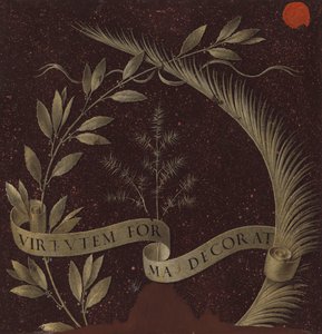 Krans av lager, palm och enbär med en rulle inskriven Virtutem Forma Decorat, c.1474-78 (tempera på panel) av Leonardo da Vinci
