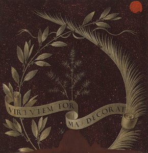 Krans av lager, palm och enbär med en rullinskriven Virtutem Forum Decorat (omvänd) av Leonardo da Vinci