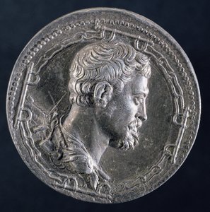 Baksidan av medaljongen av Andrea Doria föreställande konstnären omgiven av en fångs kedjor och med ett kök i bakgrunden, ca 1541 (silver) (se 122337 för framsidan)
