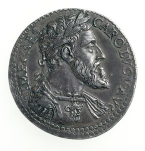 Testone av Karl V (1500-58) hertig av Milano, graverad av Dye, 1535-56 (framsidan) (silver) (för baksidan se 168055)