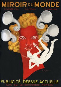 Allegori om reklam "" Nuvarande gudinna på vilken handeln vilar"", med Mercury, gud för resenärer och handel. Omslag till tidningen Mirror du monde nr 316, 21 mars av Leonetto Cappiello