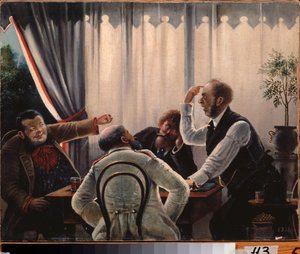 Kortspel. (Fyra män samlades runt ett bord för att spela, två av dem ropar på varandra, de andra två väntar). Målning av Leonid Ivanovich Solomatkin (1837-1883), olja på duk. rysk konst