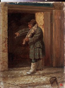 En musiker. (En tiggarviolinist spelar framför entrén till en lantlig byggnad). Målning av Leonid Ivanovich Solomatkin (1837-1883)