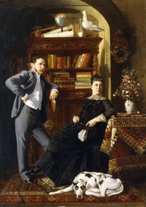 Ett par i en interiör med en hund av Leopold Bara