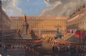 Avtäckning av monumentet till kejsar Franz I av Österrike den 19 juni 1846 på Wiens Franzensplatz av Leopold Bucher