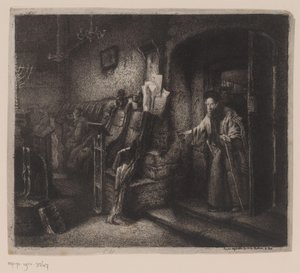 Interiör av en synagoga med troende av Leopold Flameng