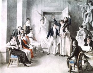 Schubertians musikaliska möte. Schubert sitter i stolen till höger. Akvarell av Kupelniesen