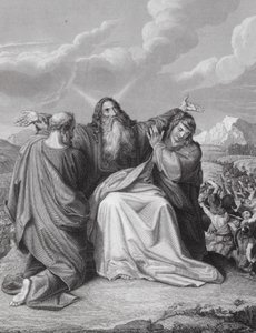 Moses håller upp sina händer, Andra Moseboken, kap 17, v 12 (gravyr) av Leopold Kupelwieser