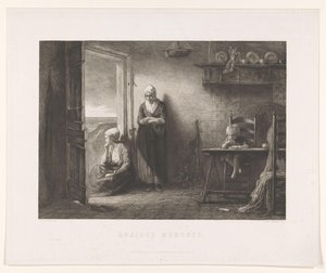 Två kvinnor och ett barn i ett fiskarhus i sanddynerna Efter stormen Anxious Moments (titel på objekt)