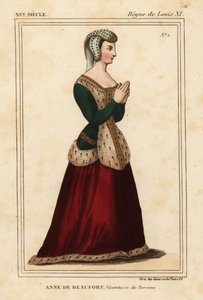 Anne Rogier de Beaufort, Viccountess de Turenne 1435-1479. Handfärgad litografi efter ett fönster i rostfritt glas i kyrkan Cordelieres de Nantes i Roger de Gaignieres portfölj VI 11 från Le Bibliophile Jacob aka Paul Lacroix
