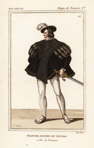 Frans III, hertig av Bretagne 1518-1536. Francois, wiensk delfin och hertig av Bretagne. Handfärgad litografi av J.B. Gautier efter ett porträtt i Roger de Gaignieres portfolio VIII 14 från Le Bibliophile Jacob aka Paul Lacroix