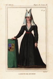 Lauretta av Jaucourt, hustru till Michael av Chaugy, Lord of Chissey, Laurette de Jaucourt, Handkolorerad litografi efter en miniatyr i Roger de Gaignieres portfölj VII 49 från Le Bibliophile Jacob aka Paul Lacroix