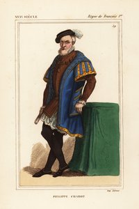 Philippe Chabot, herre av Brion, greve av Charny, amiral de Brion, fransk amiral, d. 1543. Handfärgad litografi efter ett porträtt i Roger de Gaignieres portföljer från Le Bibliophile Jacob aka Paul Lacroix