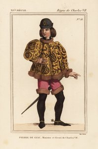 Pierre de Giac, kammarherre till kung Karl VII från 1377-1426. Avrättad genom drunkning vid Dun-Le-Roi. Han bär en kort socka med mahoiterärmar, rosa pantalons och stövlar med sporrar. Handkolorerad litografi efter en miniatyr i ett manuskript Histoire du