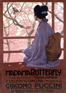 Affisch av Leopoldo Metlicovitz för ""Madame Butterfly"" av Giacomo Puccini producerad för uruppförandet den 17 februari 1904.