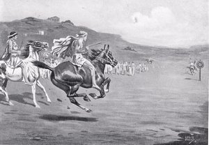 Grekiska ryttare kastar spjut, illustration från "Hutchinson
