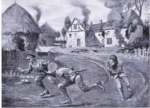 Sergeant Cooper och två kamrater rusade iväg under fiendens eld efter att ha tänt eld på en bondgård och flera ricks (DCM) (litho)