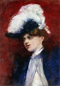 Elegant kvinna med fjäderhatt; Elegante Dame mit Federhut, ca 1905 av Lesser Ury
