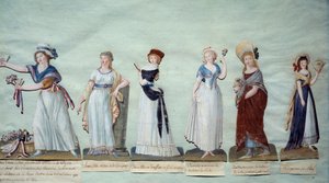 Olika unga kvinnor som representerar feminint mode under revolutionen. Gouache des freres Lesueur (1700-talet) Paris, Musee Carnavalet av Lesueur Brothers