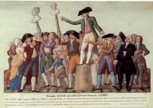 Första scenen av den franska revolutionen i Paris: den 12/07/1789, efter kungens avskedande av Jacques Necker, trakasserade Camille Desmoulins folkmassan på Palais Royal och uppmanade till en revolt mot regeringen. Byster av Jacques Necker och Louis Phil av Lesueur Brothers